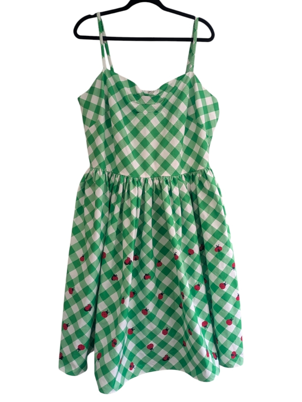 Unique Vintage 1950s Darcy Swing Dress Green Gingham Ladybug Print. 2X